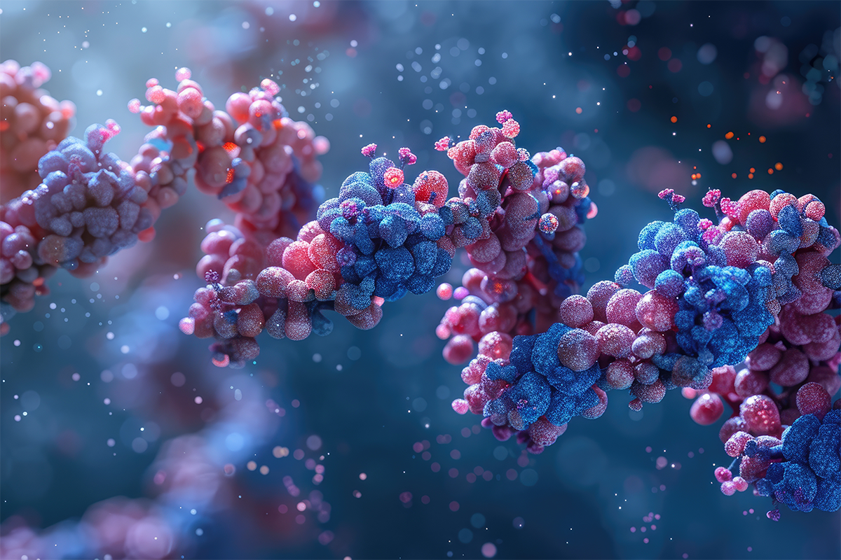 Abstract digital illustration of a DNA strand with blue and pink molecules. The image is a representation of the building blocks of life. 