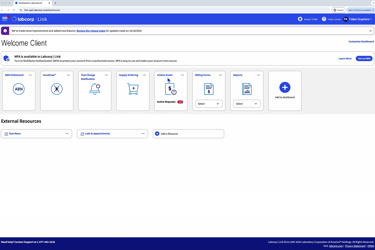 Screenshot from Labcorp Link of the homepage Dashboard