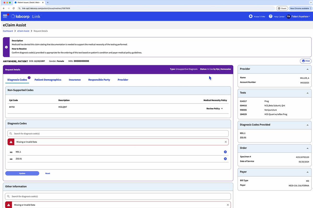 Labcorp Link eclaim assist Screenshot - landing page