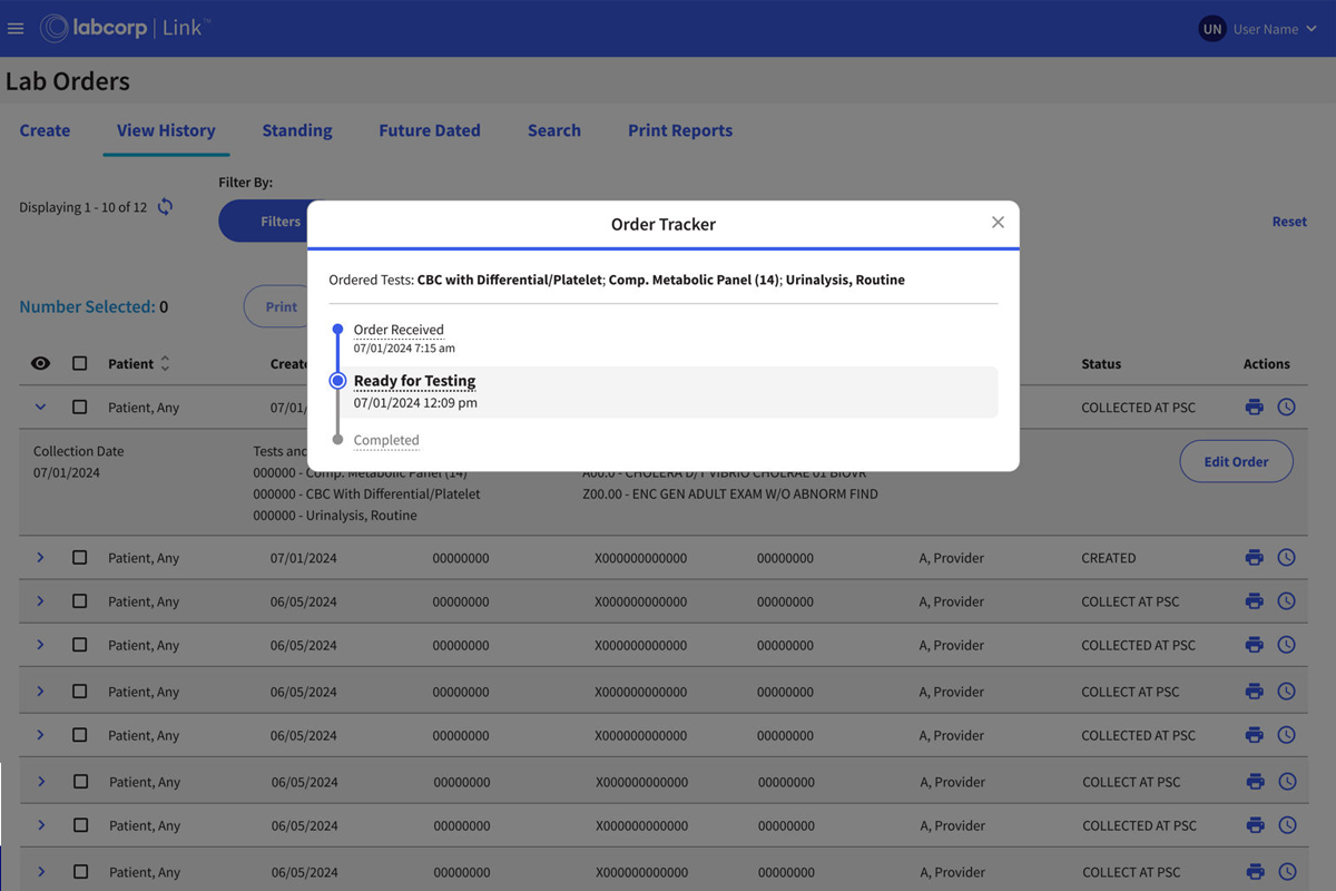Labcorp Link Order Tracker Screenshot. The order tracker is a popup on the link screen with a timeline of the process. The order is on the second step labeled 'Ready for Testing'.  The first step (completed) is labeled as 'Order received'