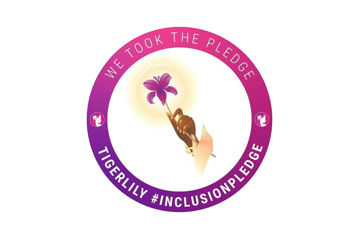 Tigerlily Foundation badge logo. multiple races of hands forming a star with "Rallying Around Community and Equity"