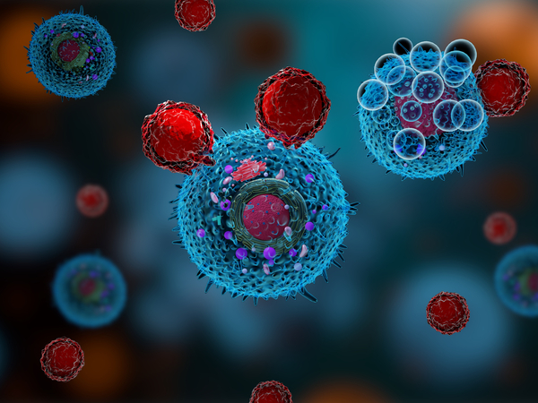 1206920970 3d render of T cells attacking cancer cells