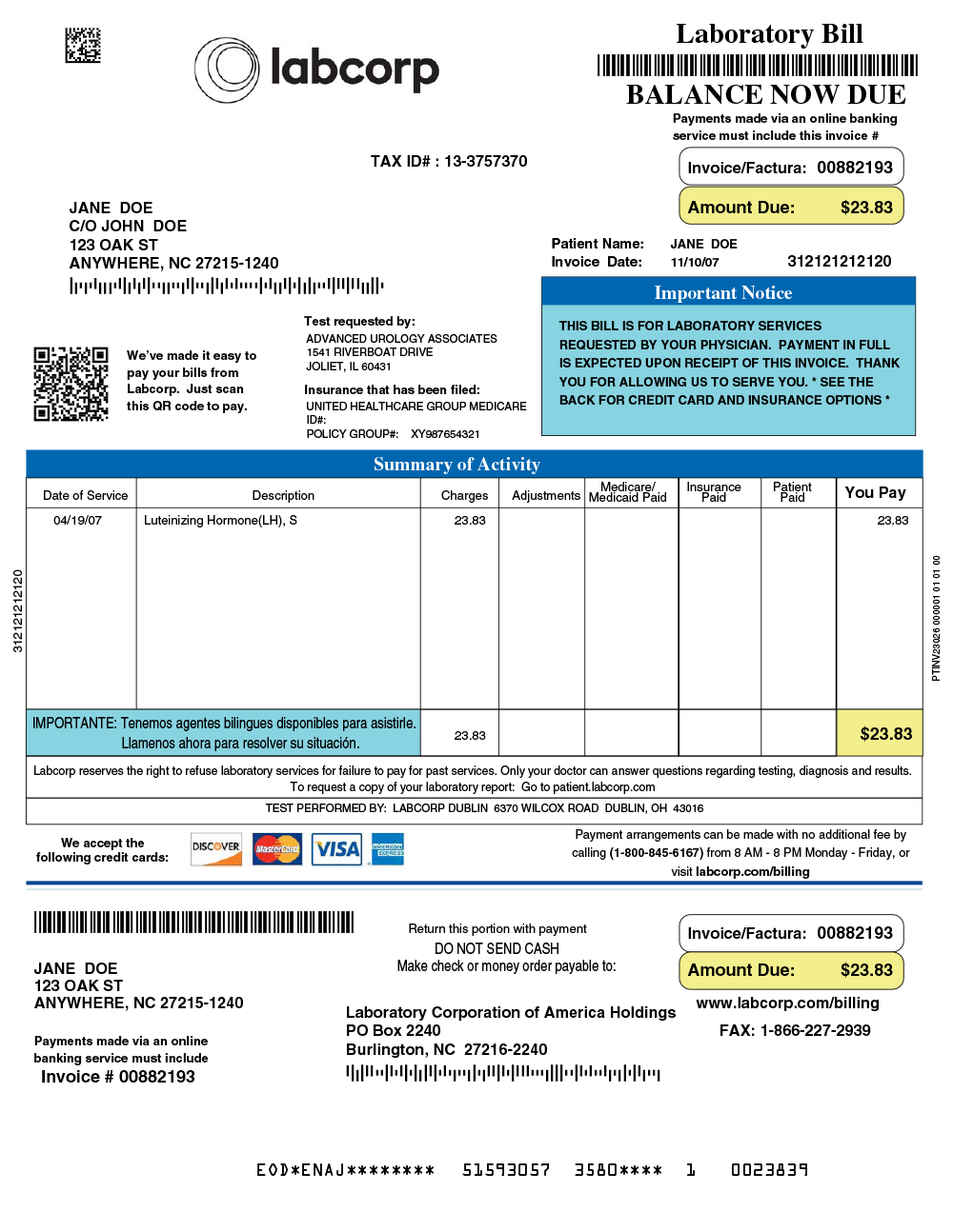 sample invoice front